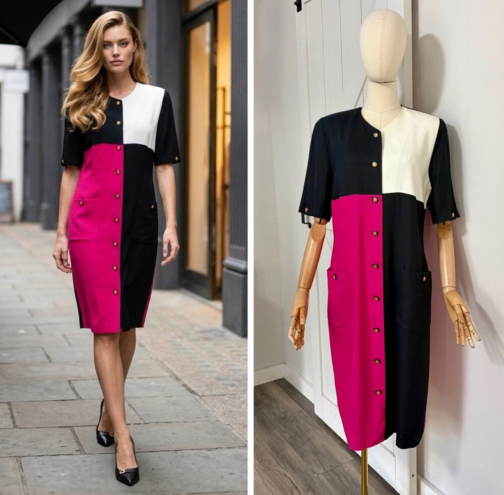 VTG 90s Louis Feraud Size US 12 Black Pink White Color Block Sheath Pencil Dress